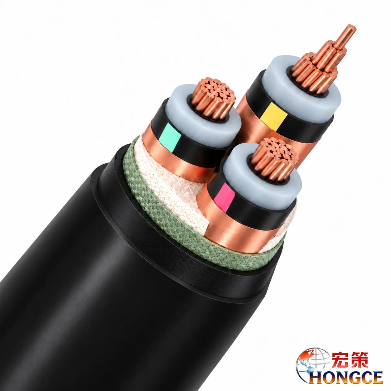 YJV 8.7/15 kV three-core power cable cutaway showing copper conductors, XLPE insulation, copper tape screens and PVC sheath