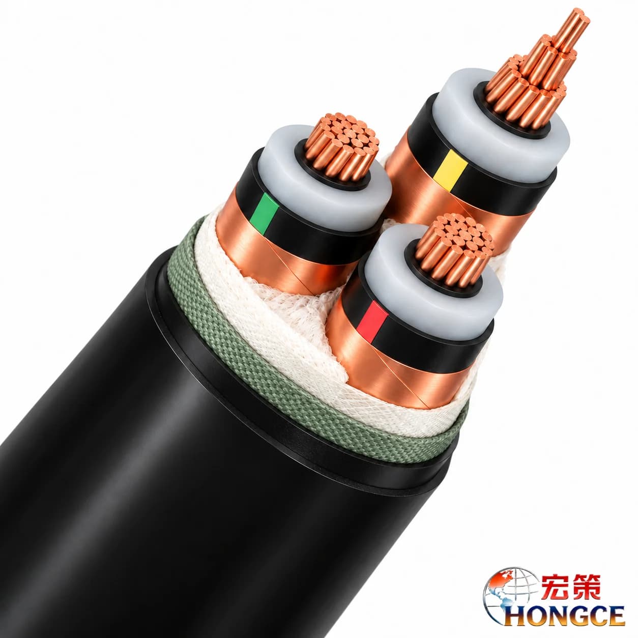 YJV 3.6/6 kV power cable cutaway showing copper conductors, XLPE insulation, copper tape screens and a black PVC outer sheath