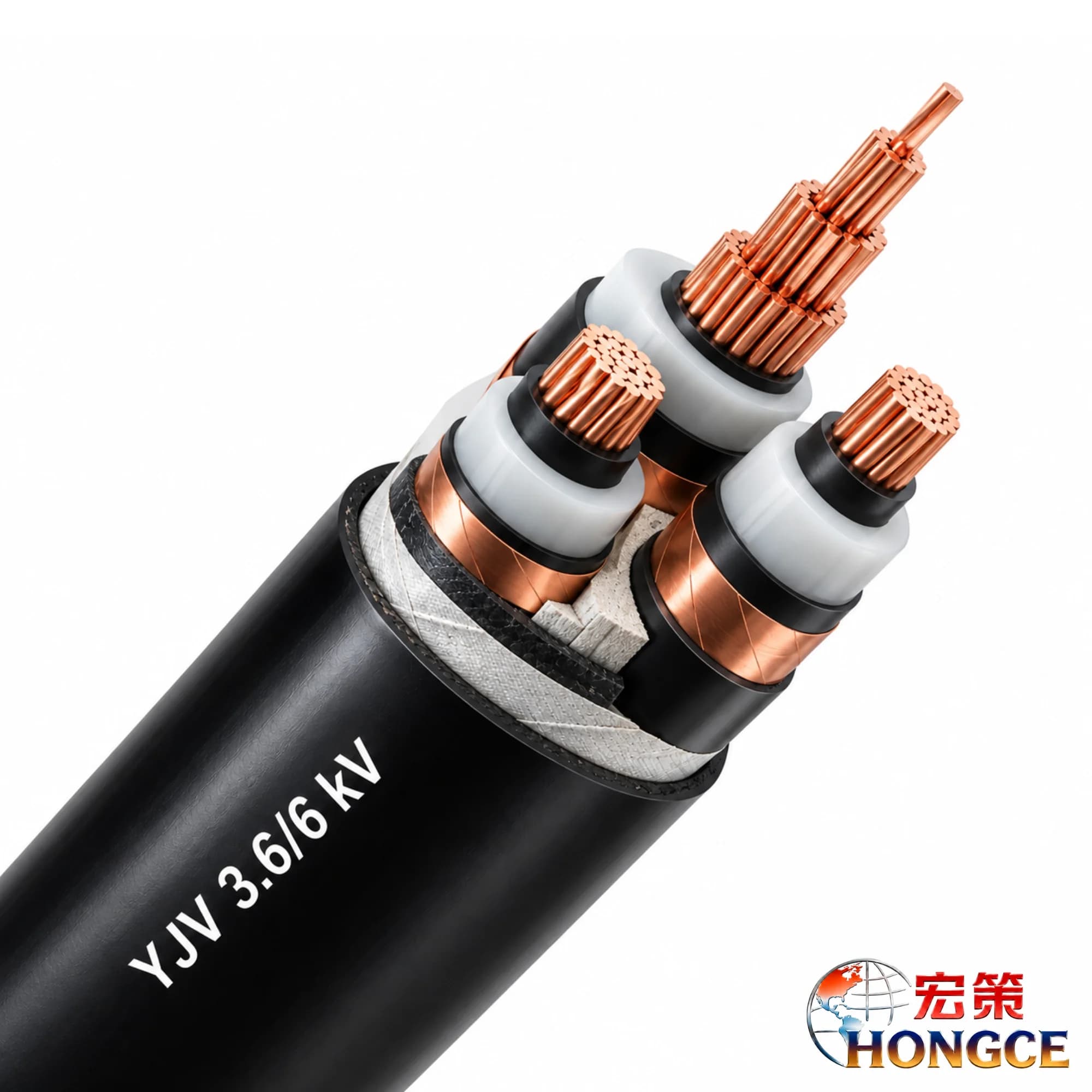 Cross-sectional view of Hongce Cable YJV 3.6/6kV three-core medium-voltage cable, illustrating the structure of the copper conductor, XLPE insulation layer, and copper shielding layer.