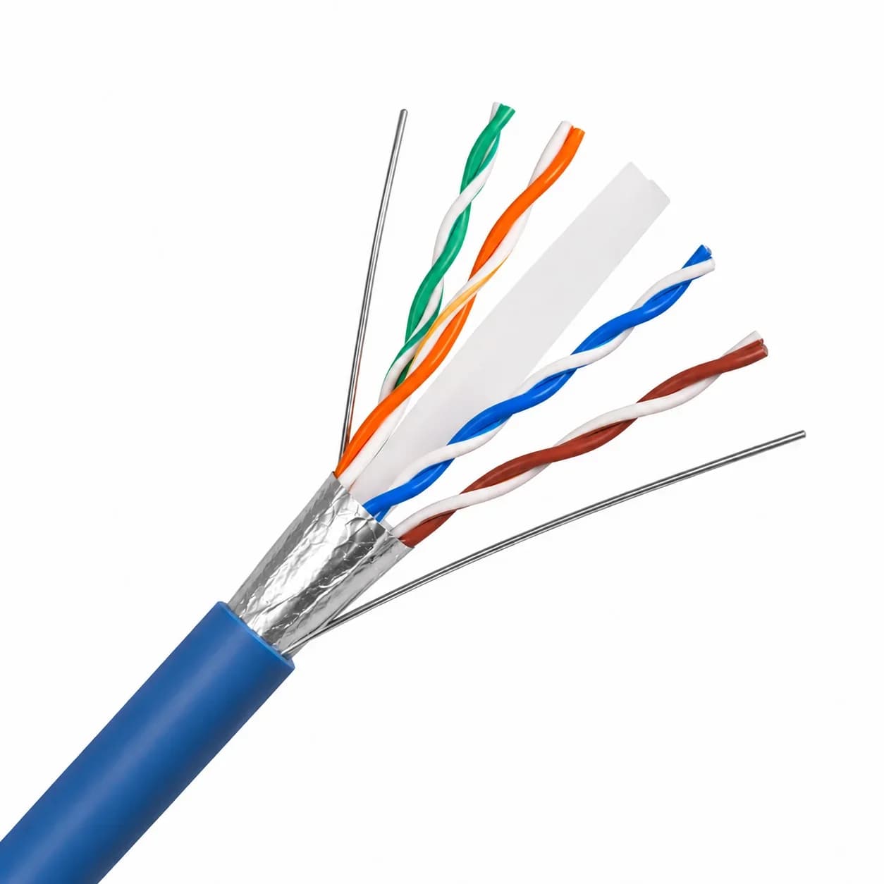 Zhejiang Hongce Cat6 unshielded twisted pair cable showing 4 pairs of insulated copper conductors with an internal spline separator to reduce crosstalk.