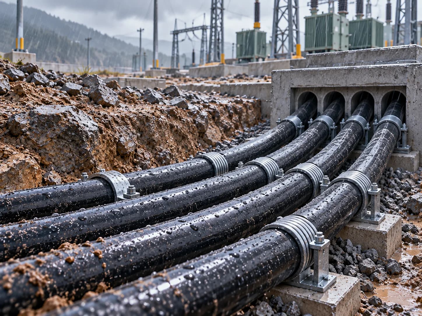 Hongce Cable YJV32 Steel Wire Armored Power Cable installed in outdoor harsh environment with electrical substation, rain and rugged cable routing