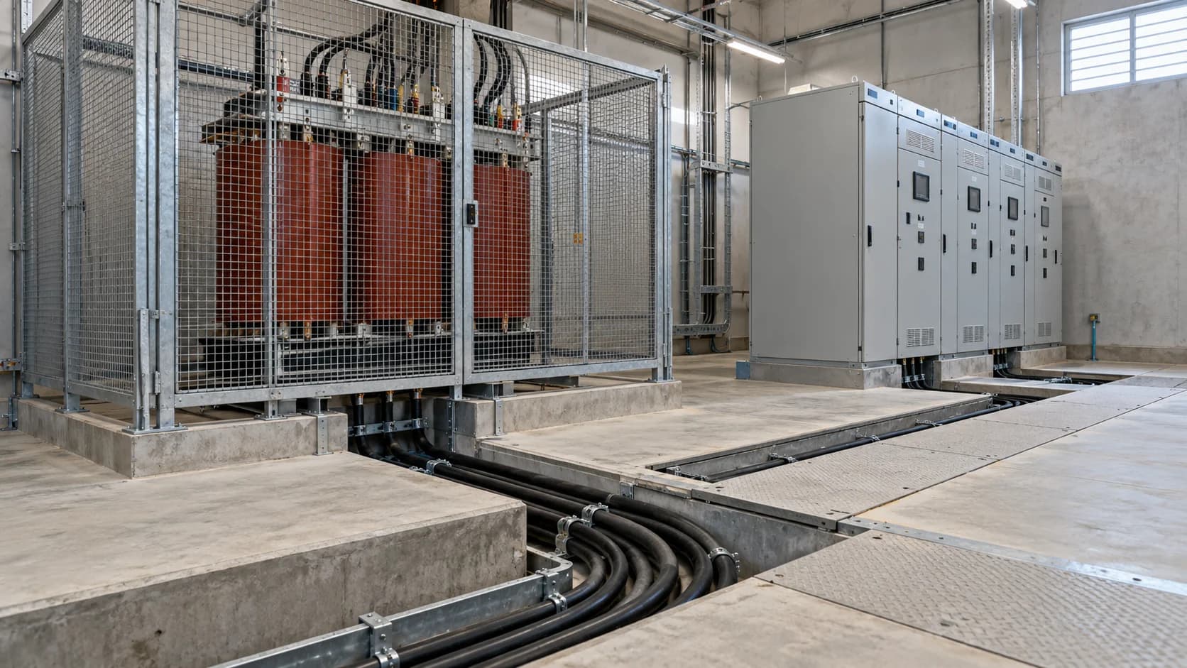 Power cables routed through a floor trench between a transformer enclosure and switchgear