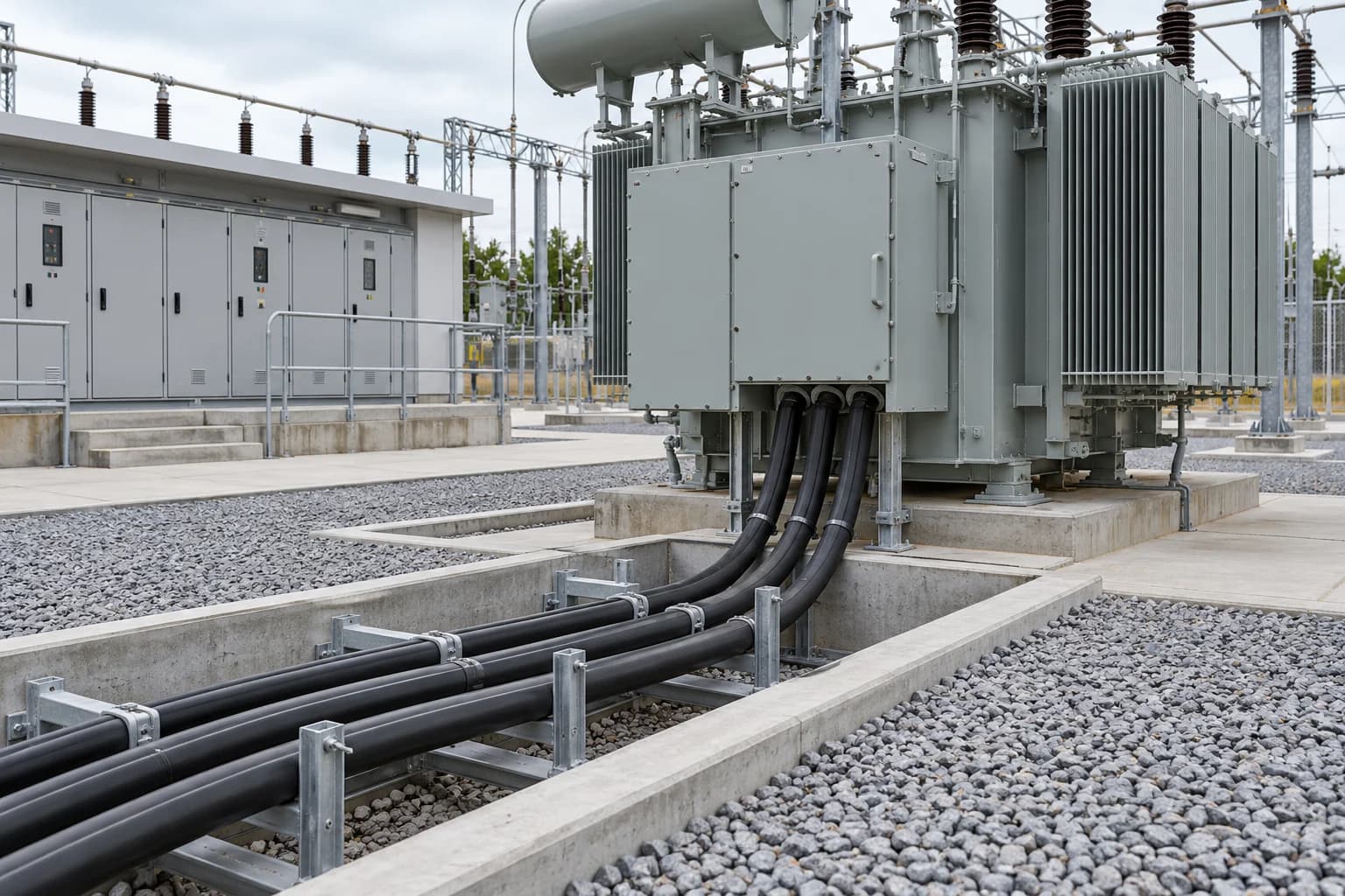 YJV 8.7/15 kV power cables connecting a substation transformer through a cable trench