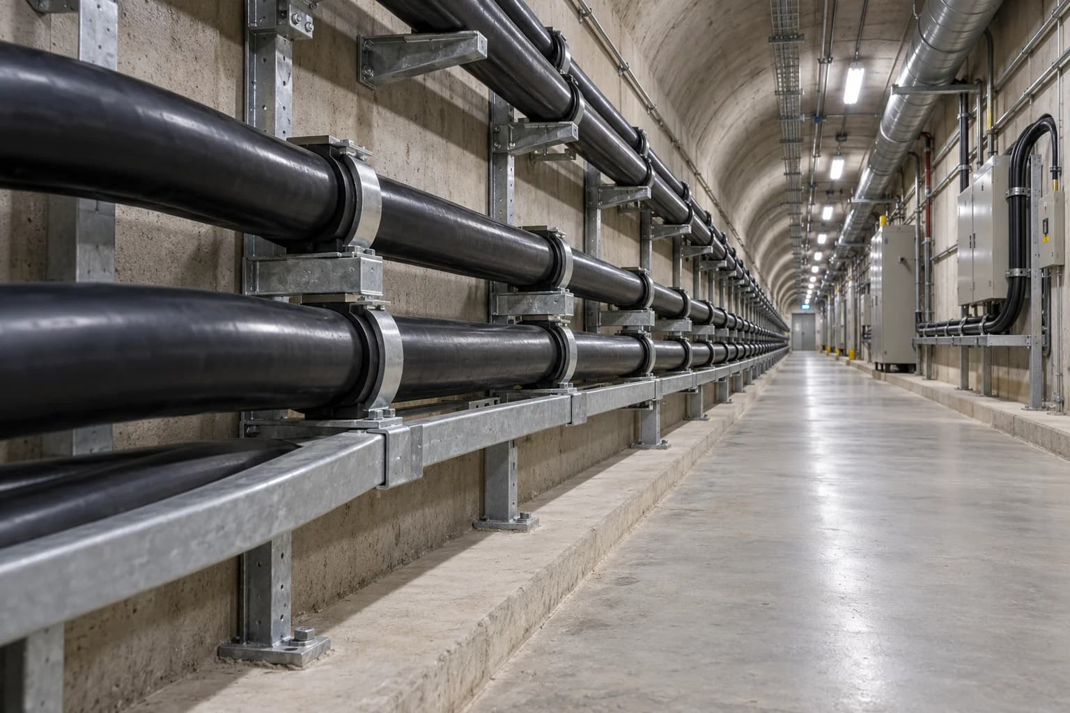 YJV 8.7/15 kV power cables secured on support racks inside an underground utility tunnel