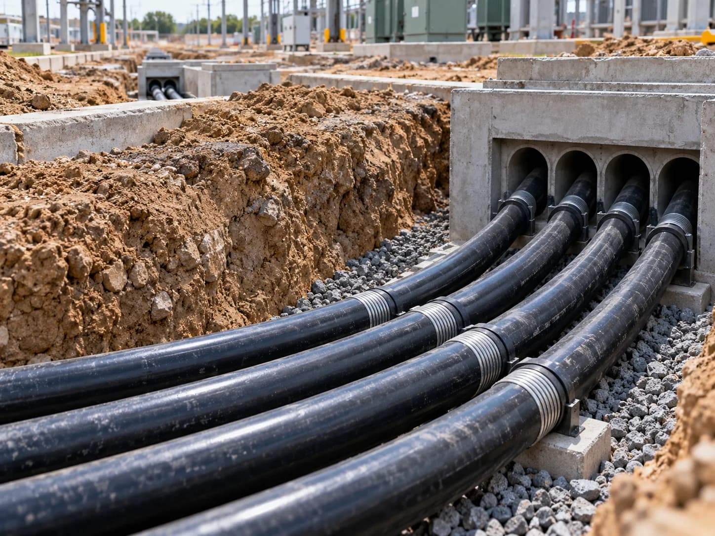 Hongce Cable YJV32 Armored Power Cable installed in underground power distribution system with concrete duct bank and buried cable trench