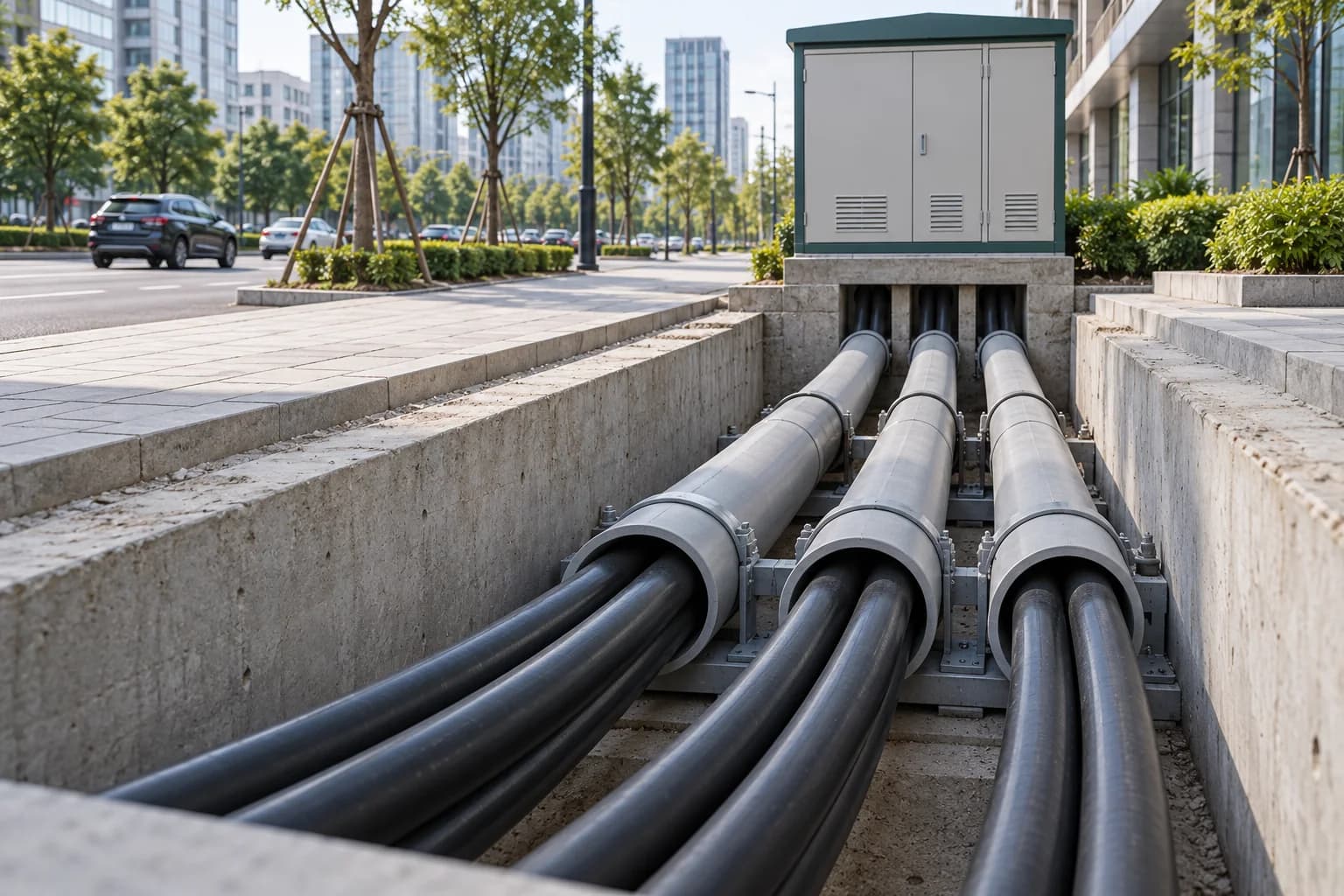 YJV 8.7/15 kV power cables installed in protective underground ducts for urban distribution