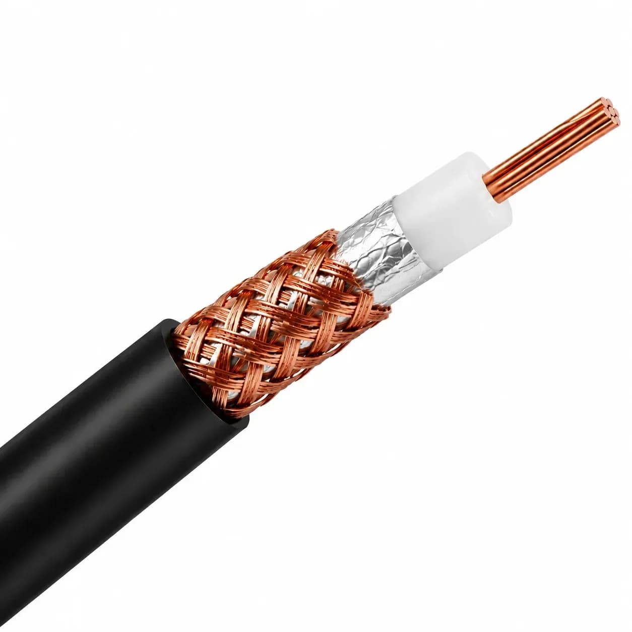 Structure of Zhejiang Hongce video coaxial cable featuring solid copper conductor, foam dielectric, braided shielding, and durable PVC jacket.