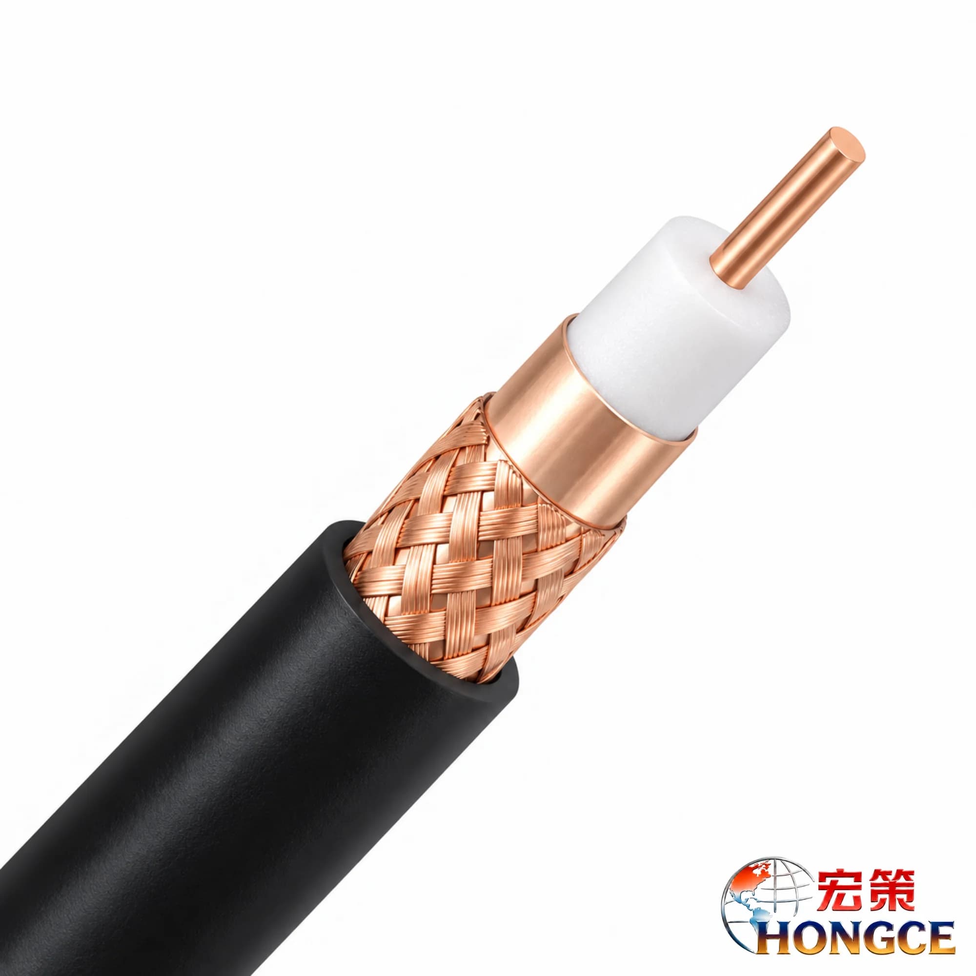 Hongce Professional Video Coaxial Cable: Detailed Schematic Diagram of Multi-layer Construction, Solid Copper Core, and Double-Shielding.