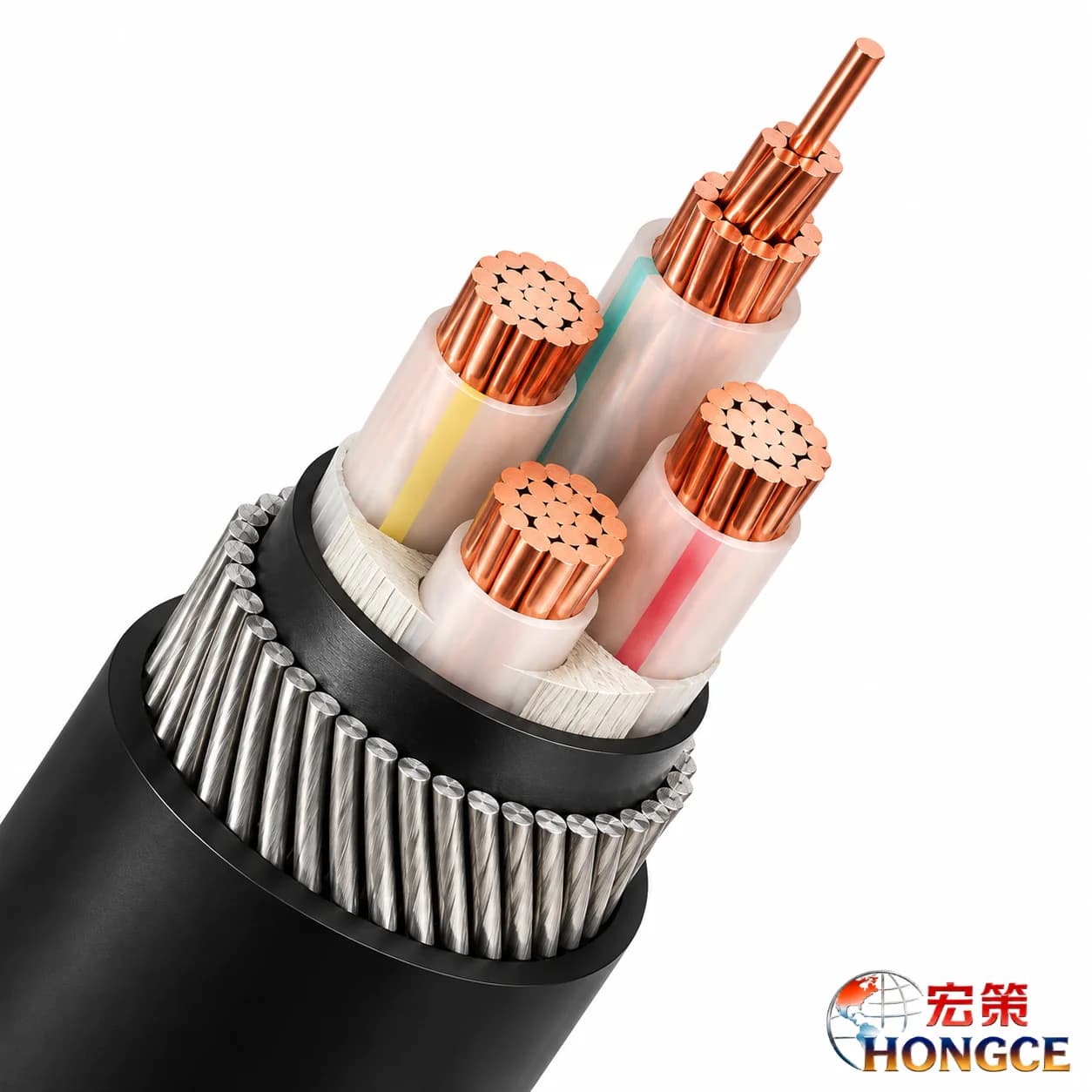 Hongce Cable YJV32 Copper XLPE Steel Wire Armored Power Cable cross section showing copper conductor, XLPE insulation, steel wire armor and PVC sheath structure
