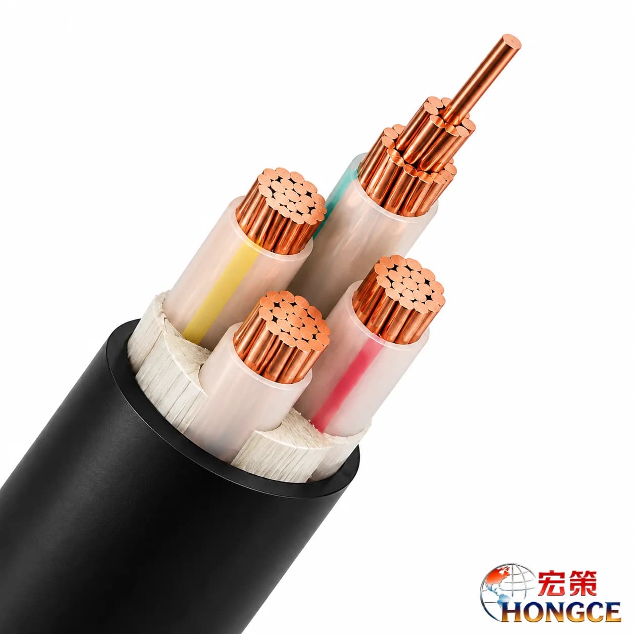 Hongce Cable ZR-YJV 0.6/1kV Flame Retardant Copper XLPE Power Cable cross section showing copper conductor, XLPE insulation, filler layer and flame retardant outer sheath structure