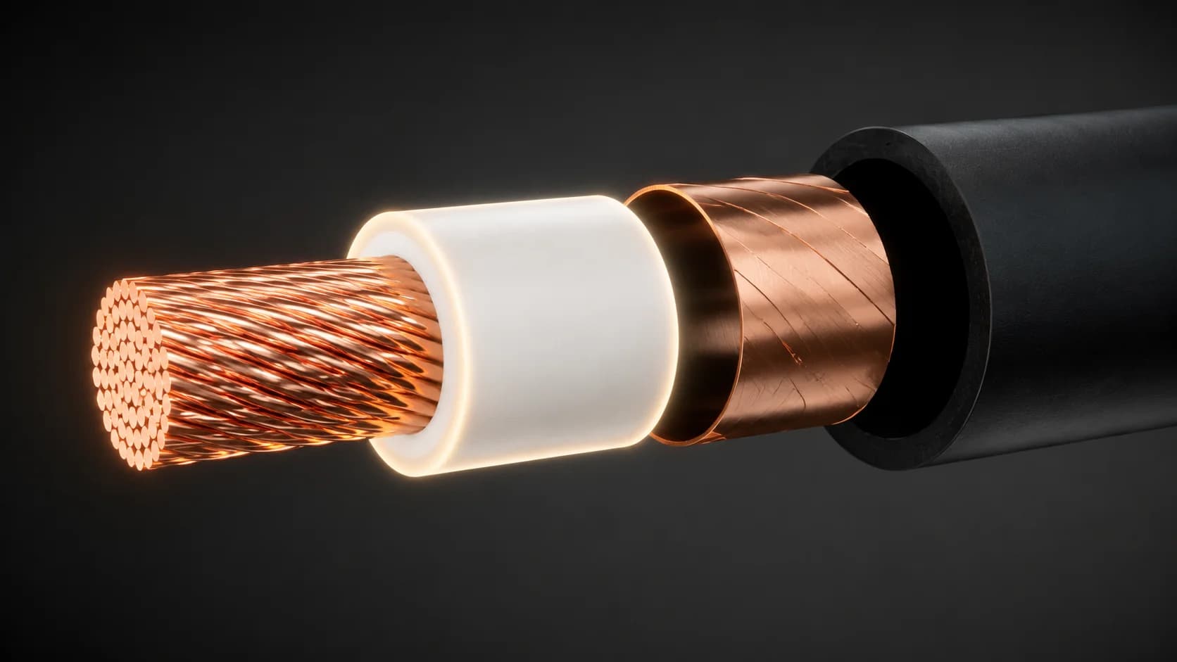 Cross-section of an IEC 60502-2 medium voltage XLPE power cable showing stranded copper conductor, insulation, and metallic layers
