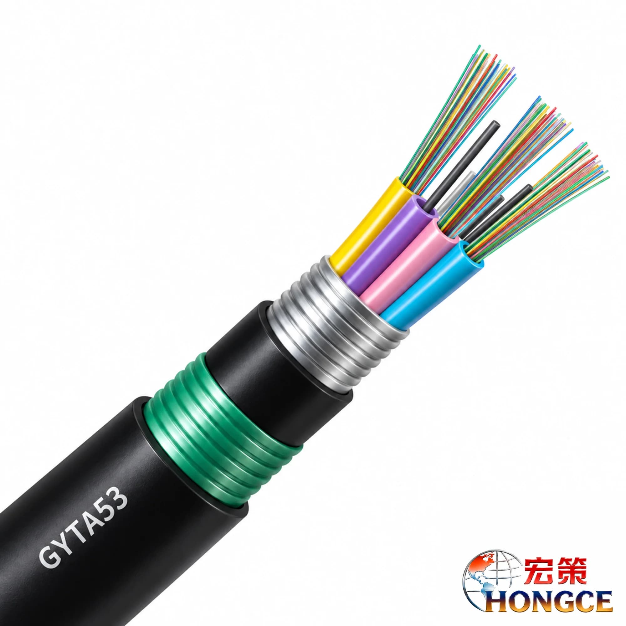 Zhejiang-Hongce-GYTA53-24F-armored-fiber-optic-cable for-outdoor-direct-buried-and-underground-duct-installation.