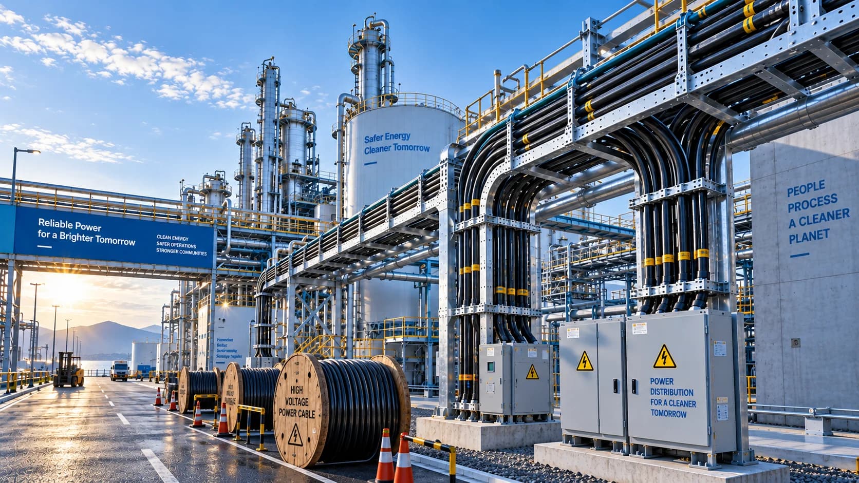 Hongce Cable: Industrial power cables, cable reels, and high-voltage power cables installed in cable trays and power distribution facilities at modern chemical plants.