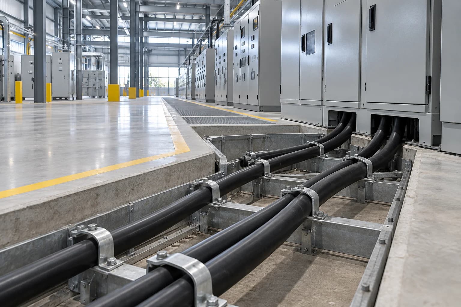 YJV 26/35 kV power cables installed in a protected floor trench beneath industrial switchgear