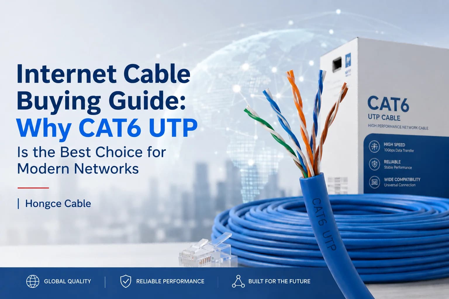 Internet Cable Buying Guide cover featuring Hongce CAT6 UTP Ethernet cable