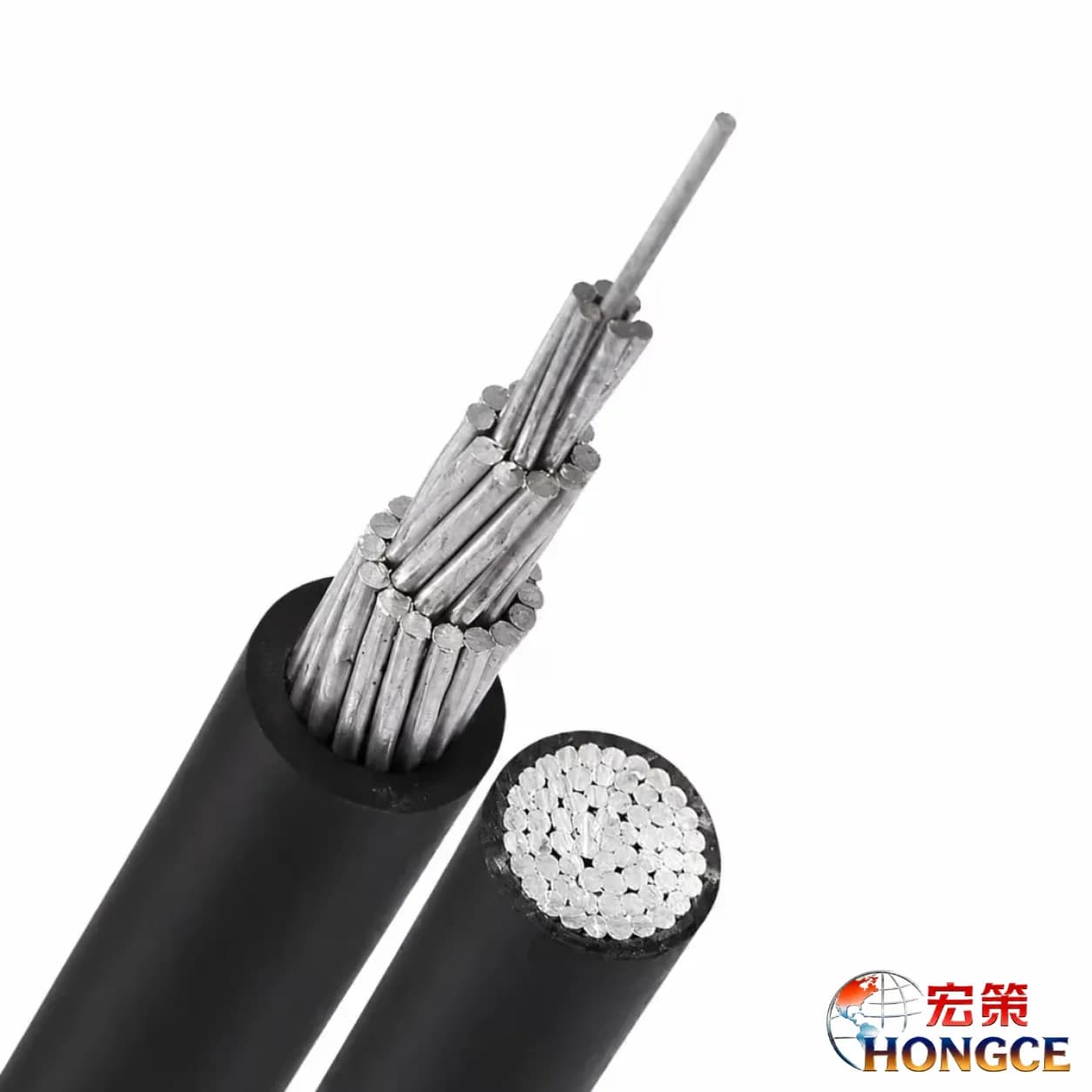 Hongce Cable JKLYJ Aluminum Overhead Insulated Cable – Close-up of Stranded Aluminum Conductor and Black XLPE Insulation Cross-Section.