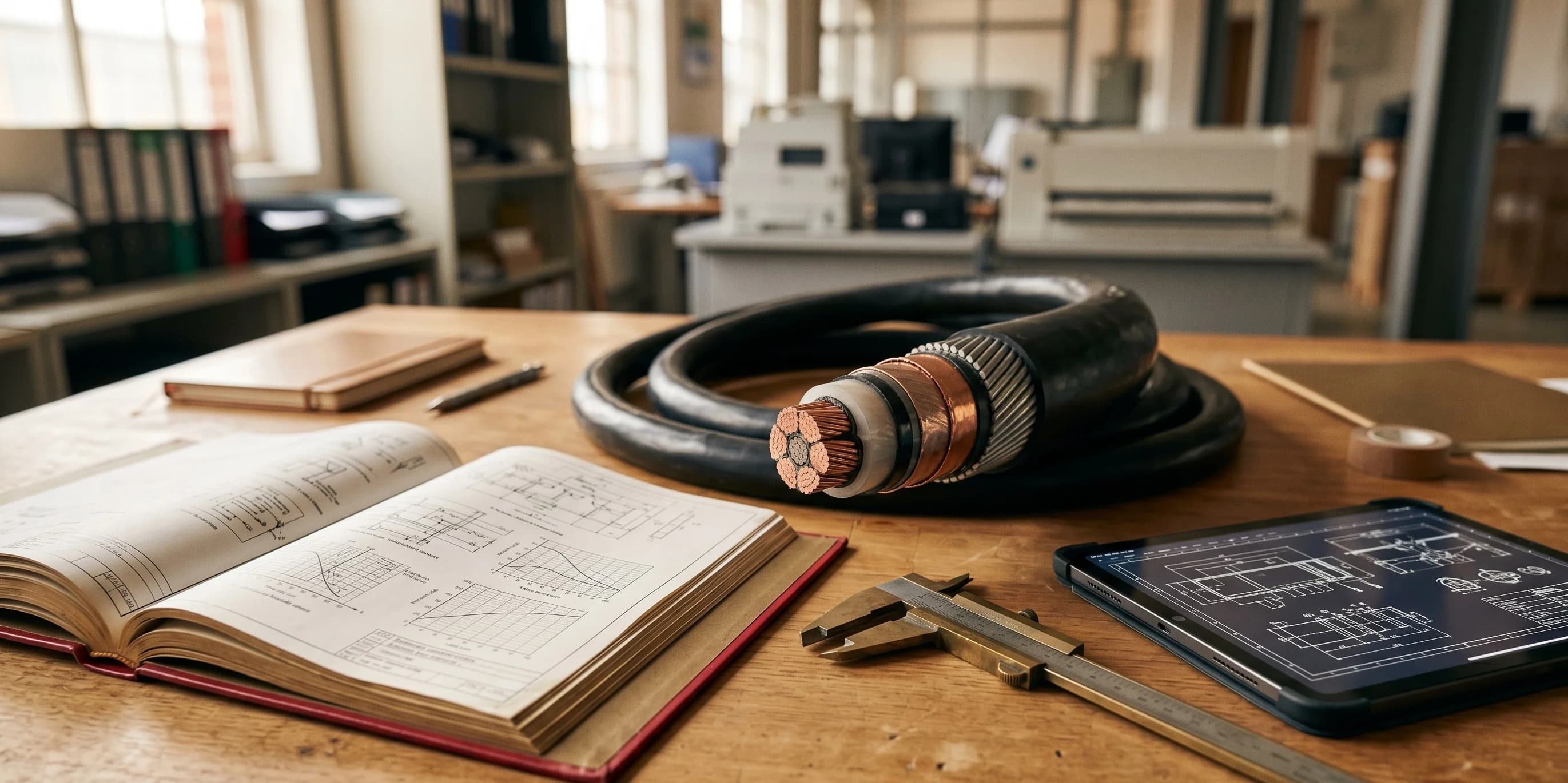 Senior power cable engineer reviewing MV tender specifications with an exposed XLPE cable cross-section on a wooden desk.