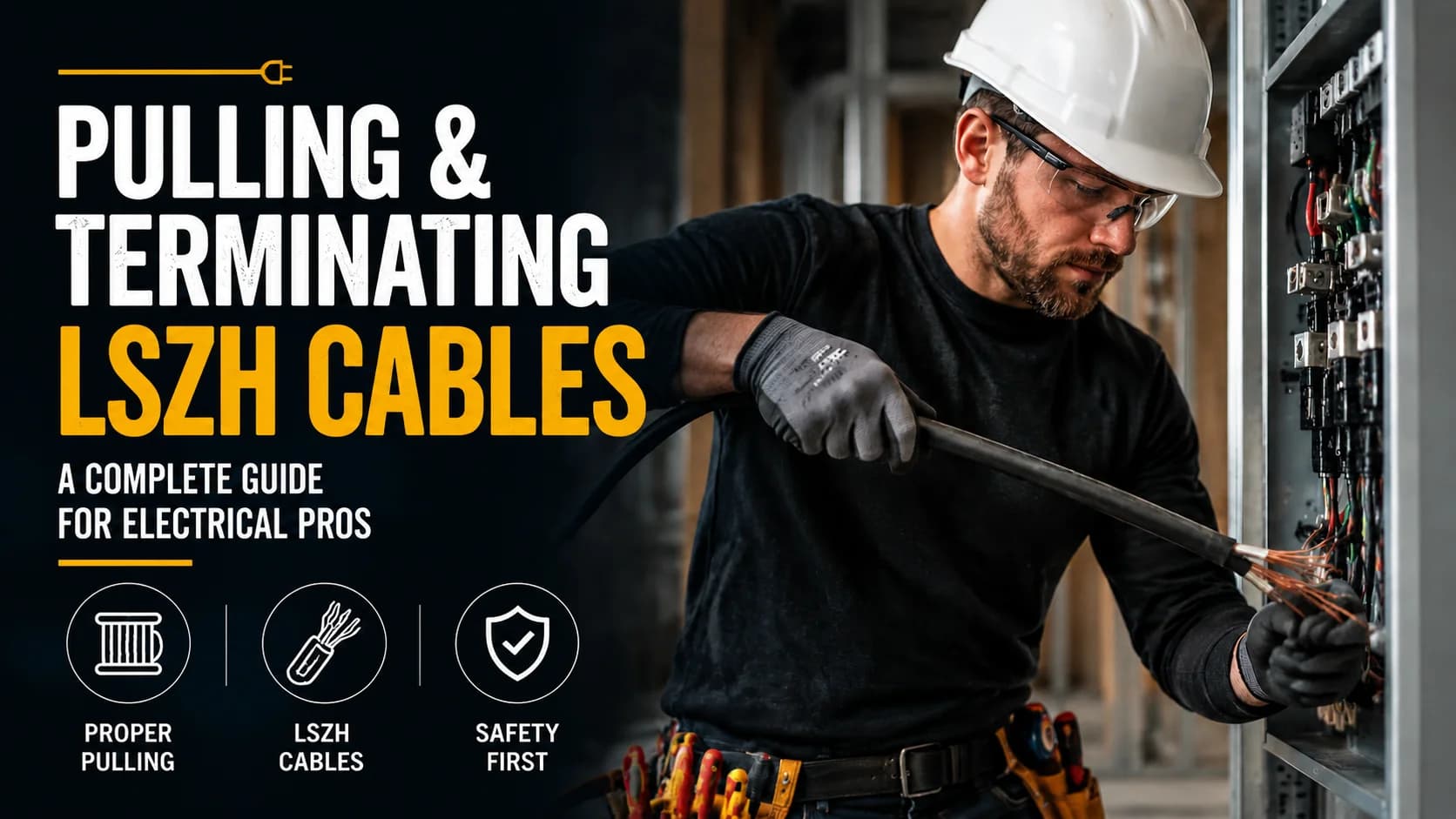 Electrician pulling and terminating LSZH cables inside an electrical panel during cable installation training