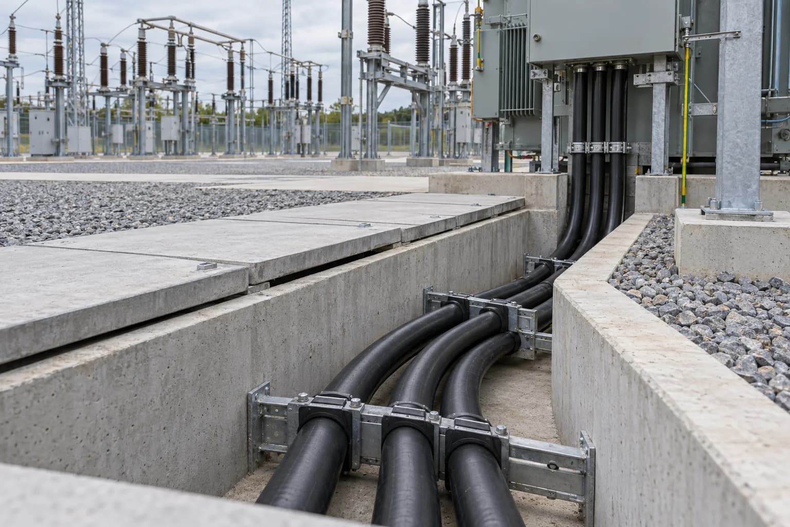 YJV 26/35 kV power cables routed through a concrete trench beside a substation transformer