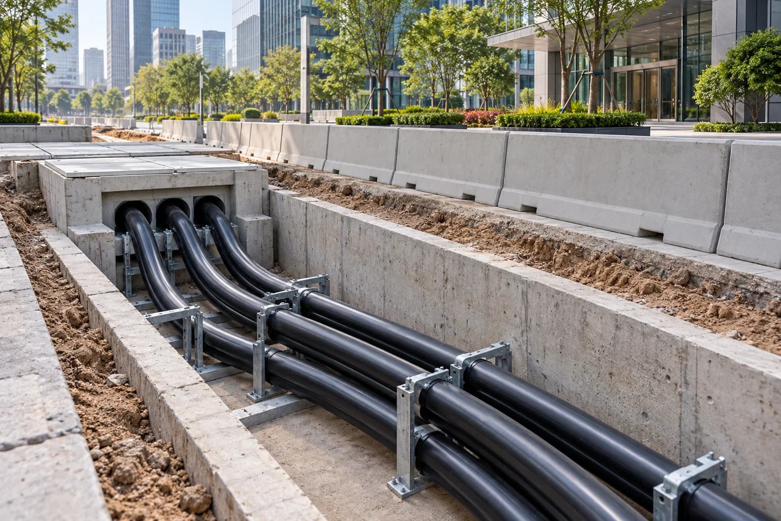 Hongce Cable YJV22 8.7/15 kV armoured power cables installed in an underground cable trench beside urban commercial buildings