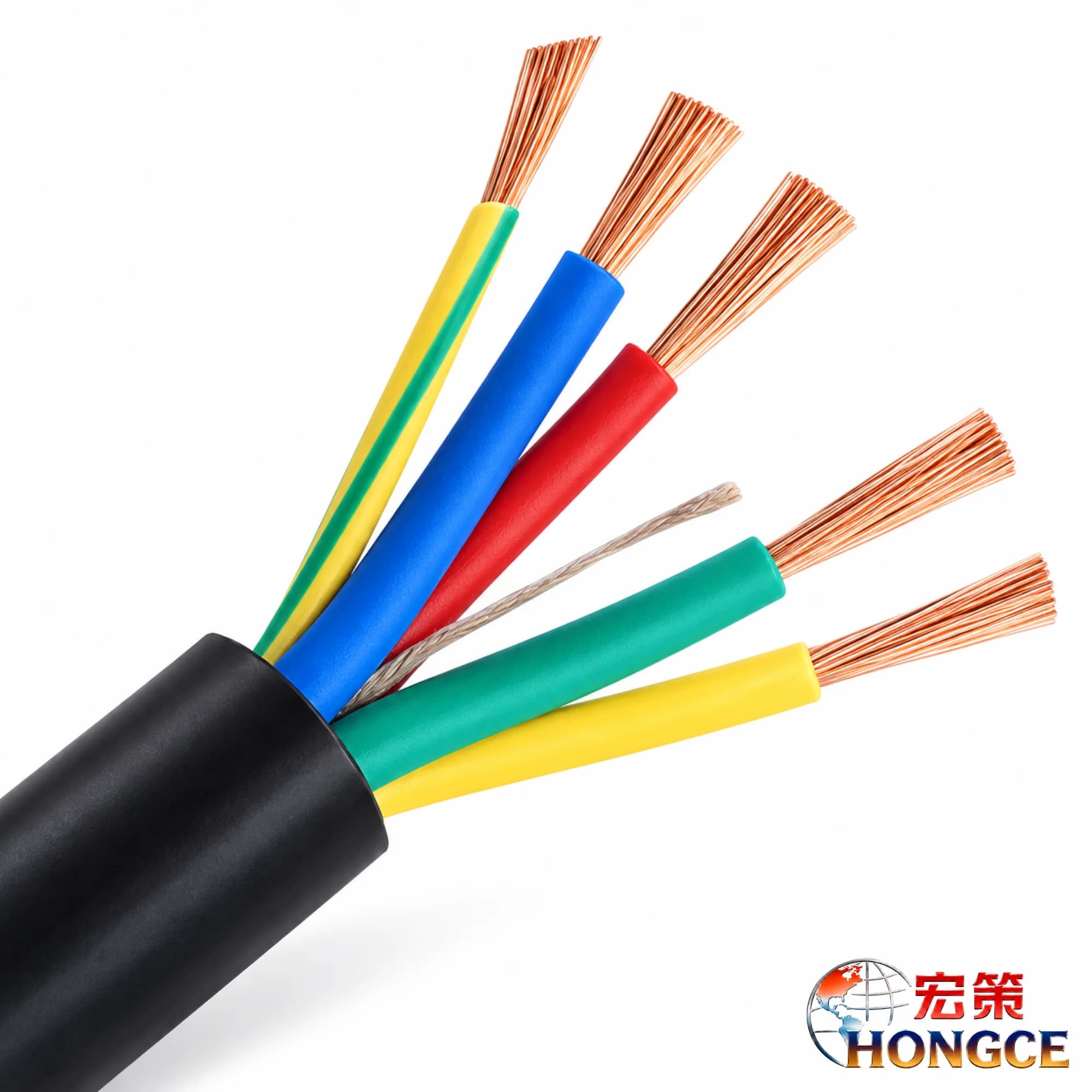 Hongce Cable YC rubber cable cross-section diagram, illustrating the structure of multi-core copper conductors and the rubber sheath.
