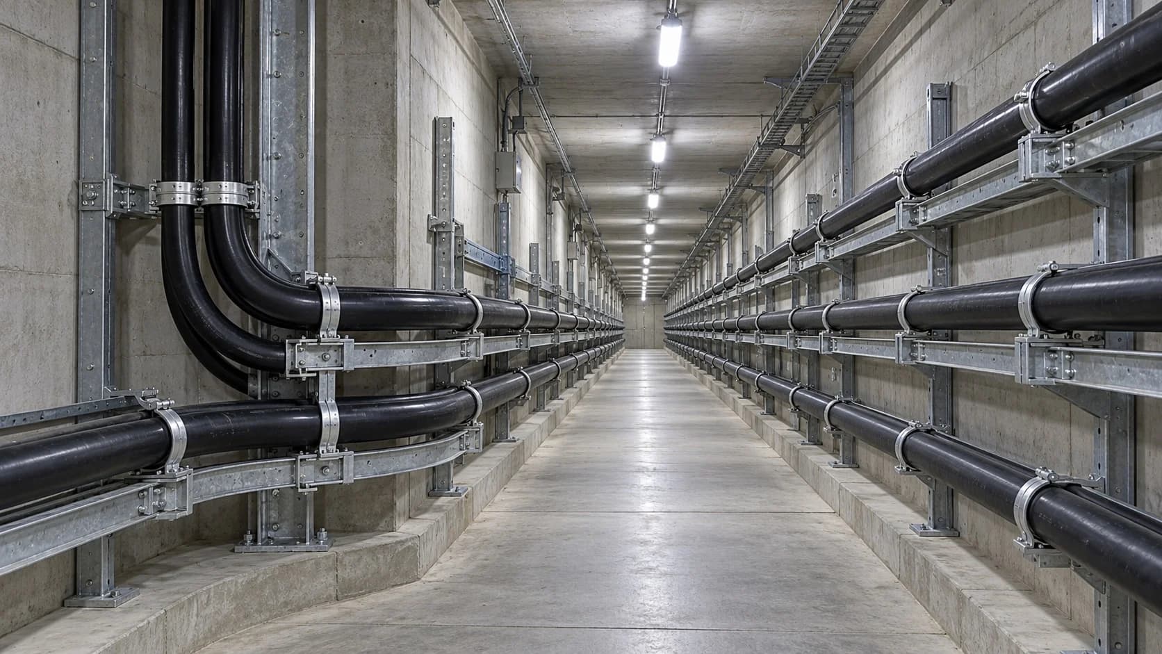 Hongce Cable YJLHV22 8.7/15kV application concept showing black power cables secured to metal racks along a concrete utility tunnel