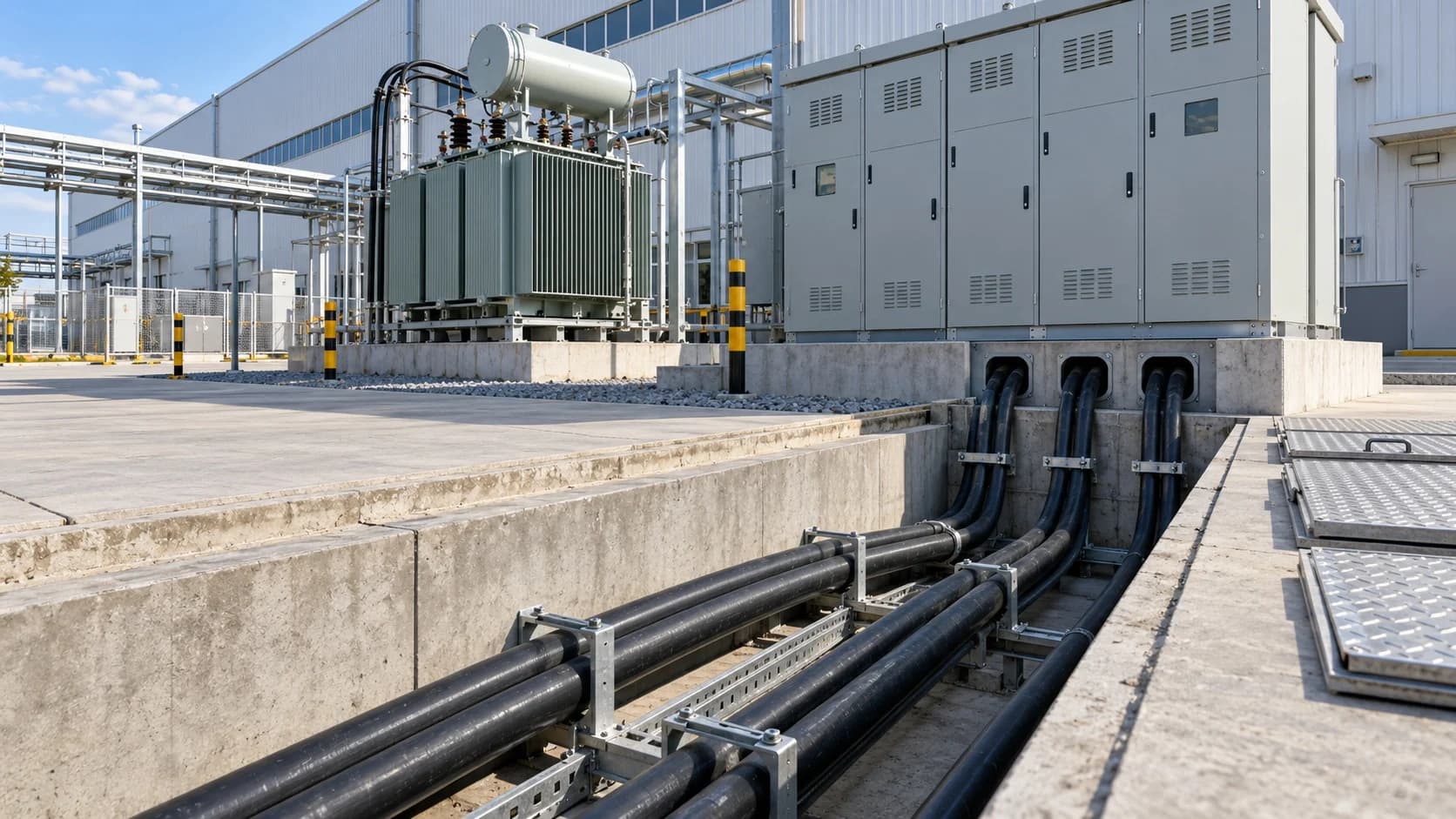 Hongce Cable YJLHV22 8.7/15kV application concept showing power cables in a concrete trench beside factory transformers and switchgear