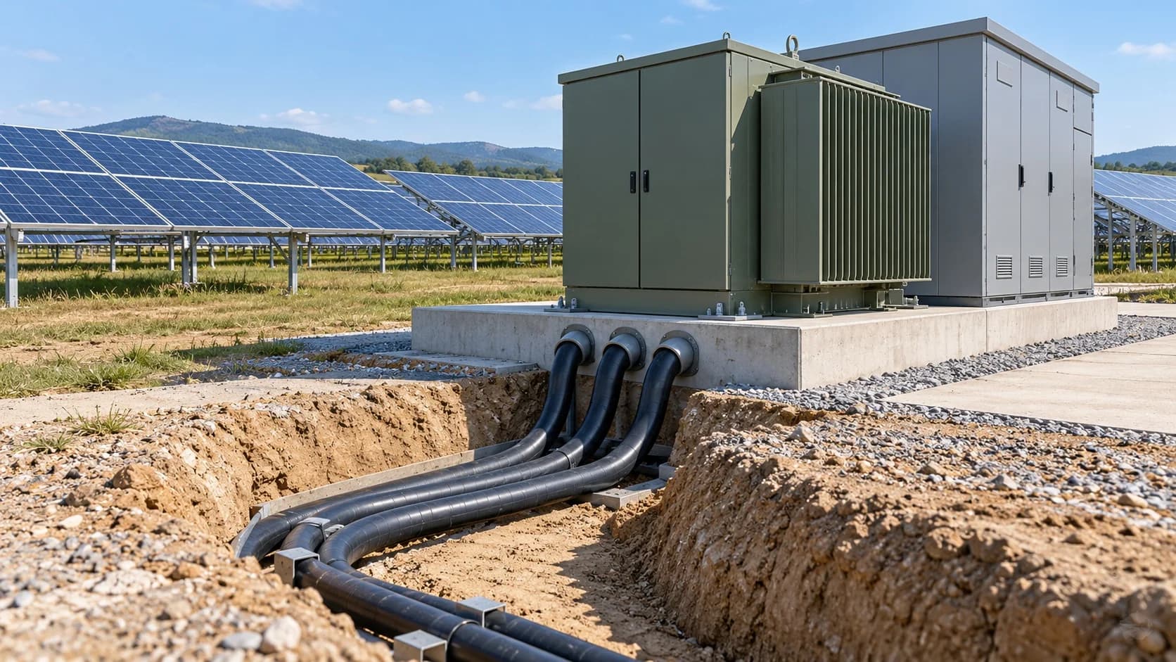Hongce Cable YJLHV22 8.7/15kV application concept showing buried cable connections to transformer equipment beside rows of solar panels