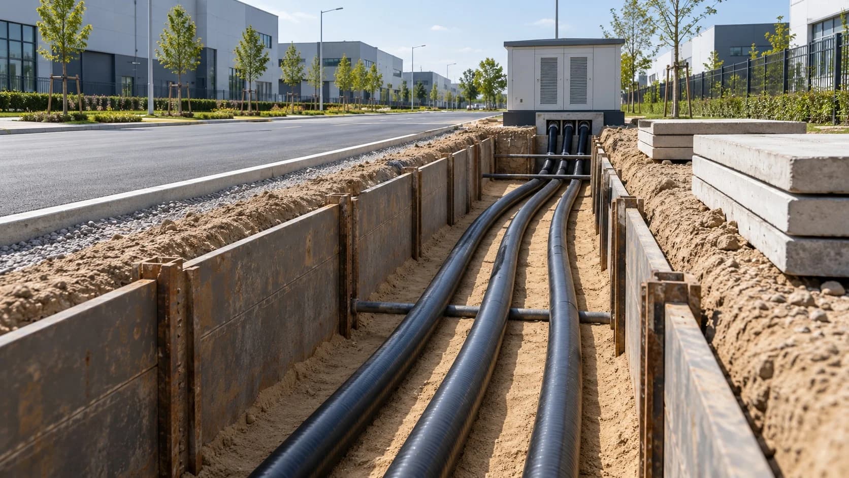 Hongce Cable YJLHV22 8.7/15kV application concept showing underground power cables leading to a distribution kiosk in an industrial park