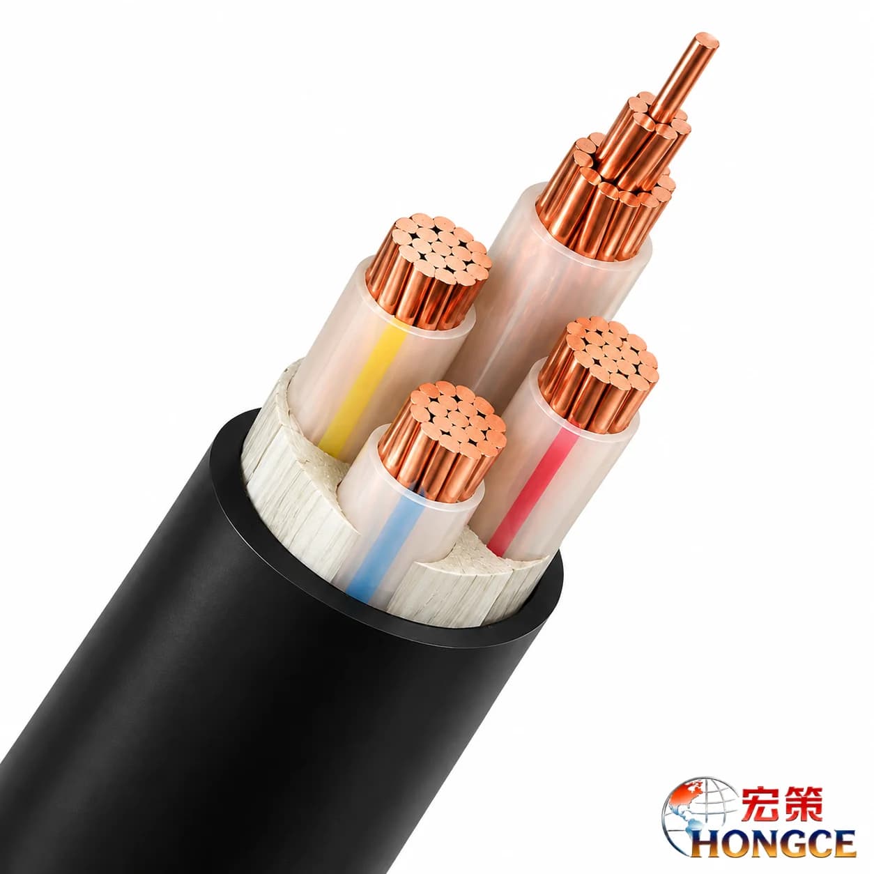 Hongce Cable YJY 0.6/1kV Copper Conductor XLPE Insulated PE Sheathed Power Cable structure display showing copper conductors, XLPE insulation, PE sheath and multi-layer cable construction
